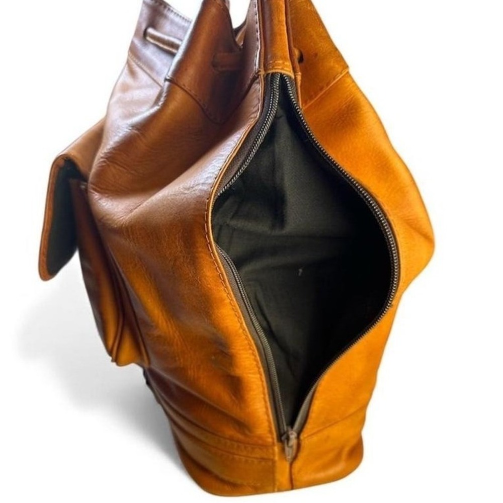 Kalahari Leather Bucket Backpack Brown Drawstring Flap Pocket Adjustable Straps - Picture 4 of 9
